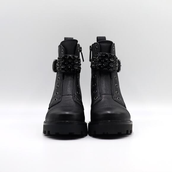 Karl Lagerfeld Paris Women Black Leather Maeva Buckled Combat Booties Size 7M - Picture 4 of 9